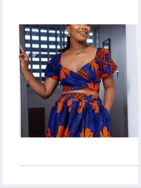 Vibrant Blue & Orange Two-Piece Crop Top and Skirt Set